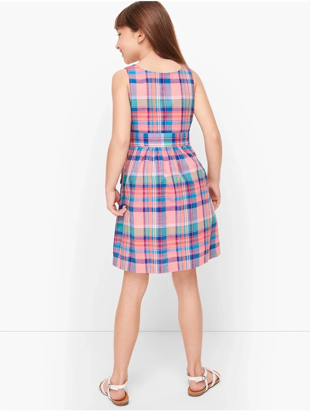 Talbots, Girls’s 100% cotton fit and flare Madras Tie waist dress, plaid, size 4
